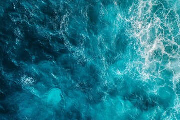 Fototapeta premium Turbulent ocean waves from above in blue tones. Artificial Intelligence
