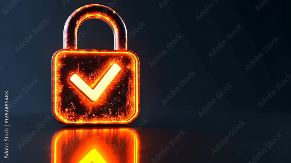 Poster lock and checkmark symbol representing security and approval with glowing effects
