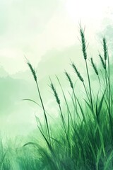 Seafoam Green Watercolor, Elegant Thin Line Drawing of Wheat Stalks, Light and Airy Background.