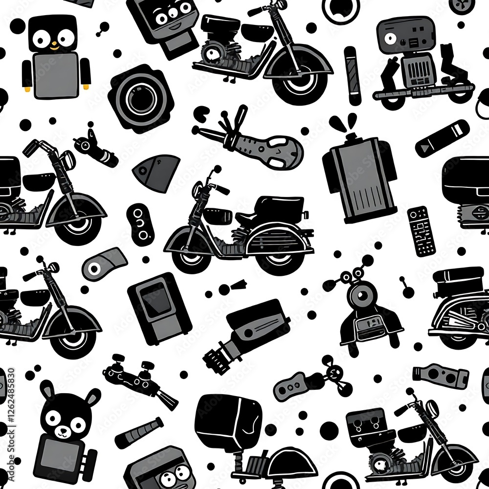 Poster retro robots and scooters pattern: a playful and nostalgic seamless pattern featuring adorable robot