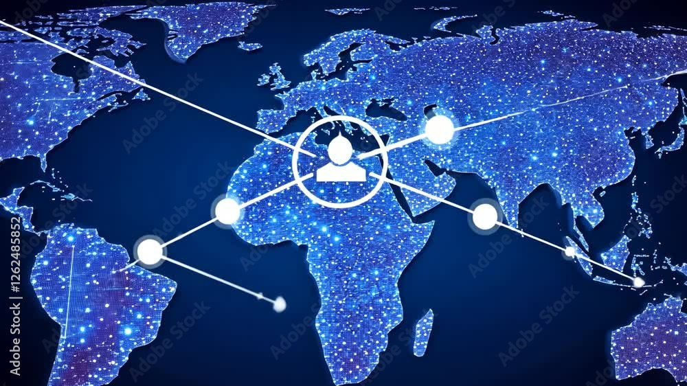 Aufkleber global network connections illustrated on a digital world map displaying data flow and communication