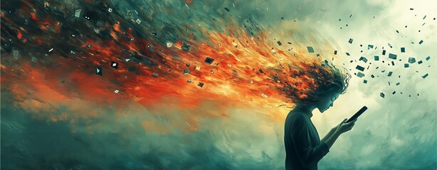 Digital addiction concept art, surreal smartphone overuse illustration, mind consumed by technology