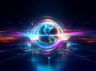 Obraz premium A vibrant globe of Earth is encircled by dynamic, colorful light trails, set against a digital network backdrop, evoking a sense of futuristic global connectivity.
