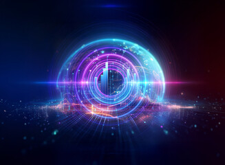 Fototapeta premium Abstract glowing sphere in blue and purple hues emerges on a dark backdrop. Futuristic and technological design with radiant light effects.