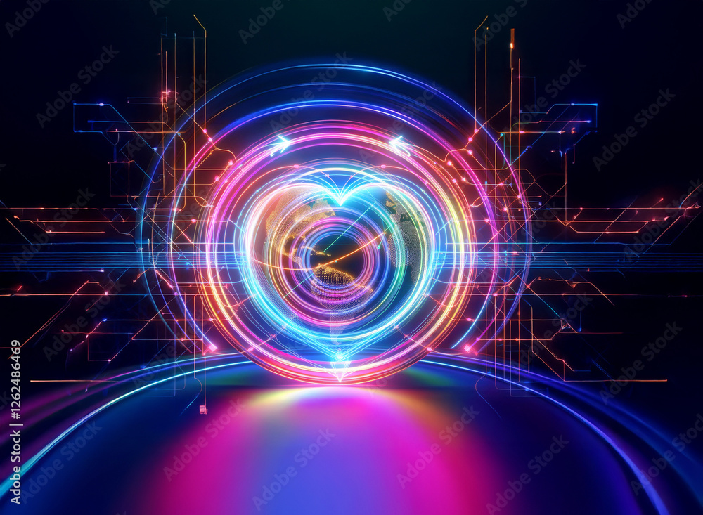 Poster vibrant glowing circular abstract art with digital circuit lines. futuristic and modern design with 