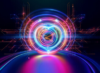 Obraz premium Vibrant glowing circular abstract art with digital circuit lines. Futuristic and modern design with bright neon colors creates a dynamic and energetic feel.