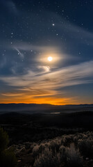 Naklejka premium Ethereal Moonlit Tranquility: Heavenly Glow Over Serene Nocturnal Landscape and Starry Skies