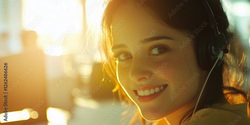 Wall mural close up portrait  smiling customer service woman wearing headset in busy call center office 