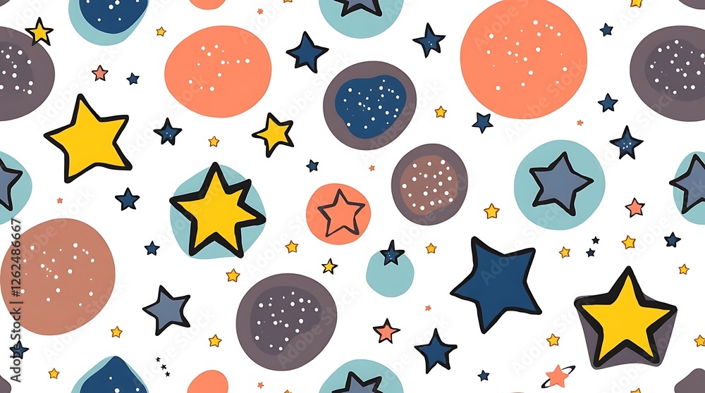 Aufkleber stars and circles seamless pattern: a whimsical and playful seamless pattern featuring a delightful 