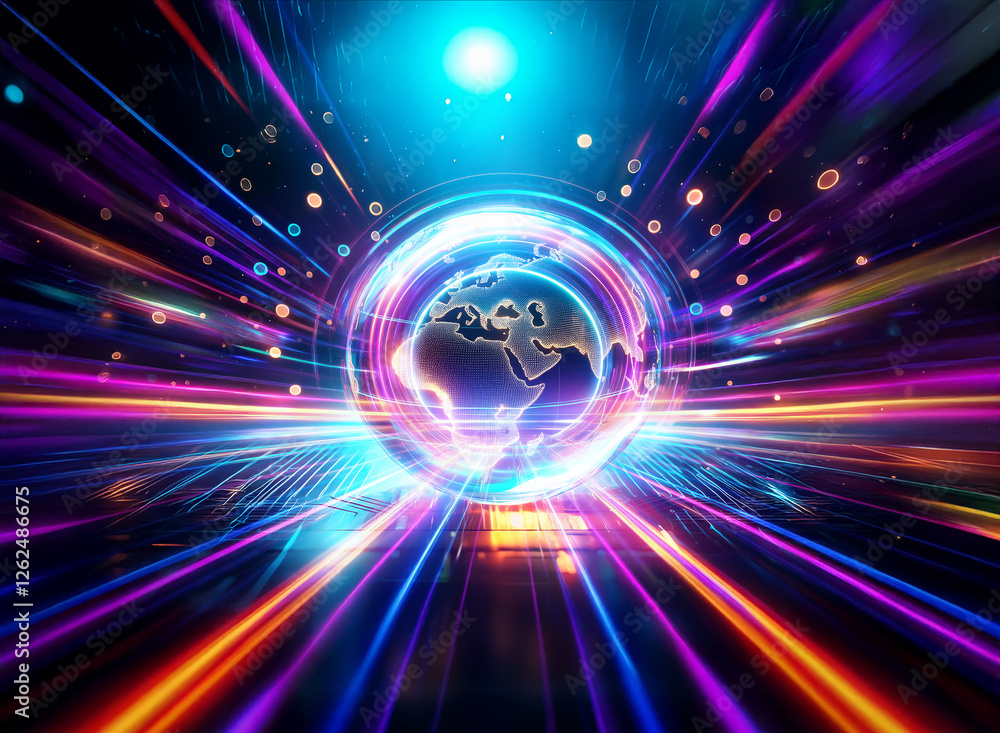 Poster a dynamic and vibrant abstract image featuring a glowing central globe with radiating colorful light