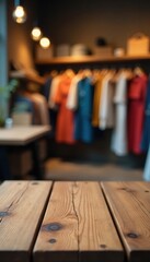 Empty rustic wooden table, blurred clothing shop backdrop, product, tabletop, space