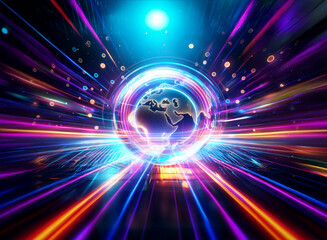 Obraz premium A dynamic and vibrant abstract image featuring a glowing central globe with radiating colorful light streaks on a dark background, suggesting motion and energy.
