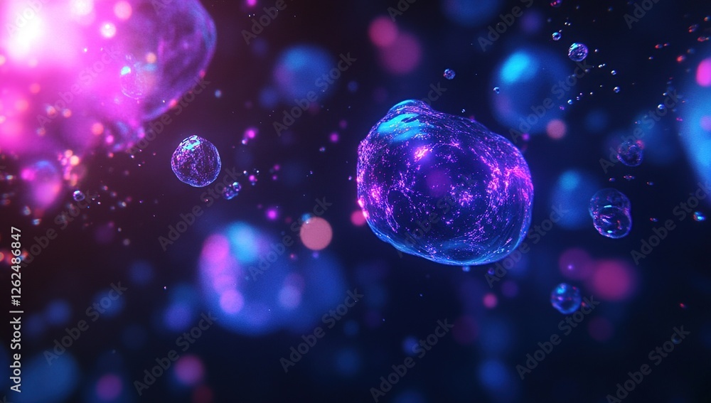 Poster abstract glowing bubbles float and shimmer in neon light, creating a surreal and ethereal scene of d