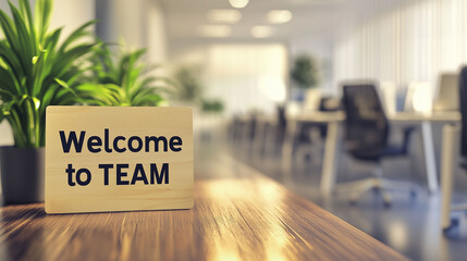Welcome to team greeting to new employee with modern office background and green plant vase