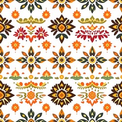 Vibrant Geometric Pattern: A bold and captivating seamless pattern featuring a vibrant array of colorful geometric shapes and abstract floral motifs arranged in a symmetrical, repeating design.