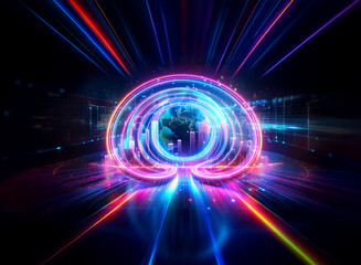 Obraz premium Futuristic glowing tunnel with vibrant neon lights converges to central globe. Digital advancement and sense of speed in technological space.