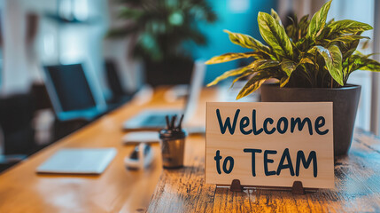 Welcome to team greeting to new employee with modern office background and green plant vase