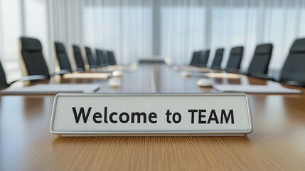 Welcome to team greeting to new employee with office board meeting table and empty chairs