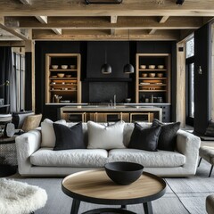 Sophisticated living room showcasing natural wood elements and dark accents