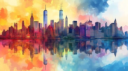 New York City skyline reflected on a watercolor background, captured in a digital art painting for a vibrant urban scene.