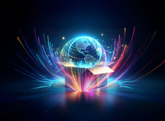 Obraz premium A glowing digital globe rises from an open box, radiating vibrant streaks of light against a dark backdrop, symbolizing innovation and worldwide connectivity.