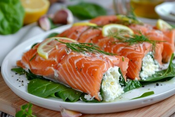 Gourmet salmon roll on slate serving board. Artificial intelligence image
