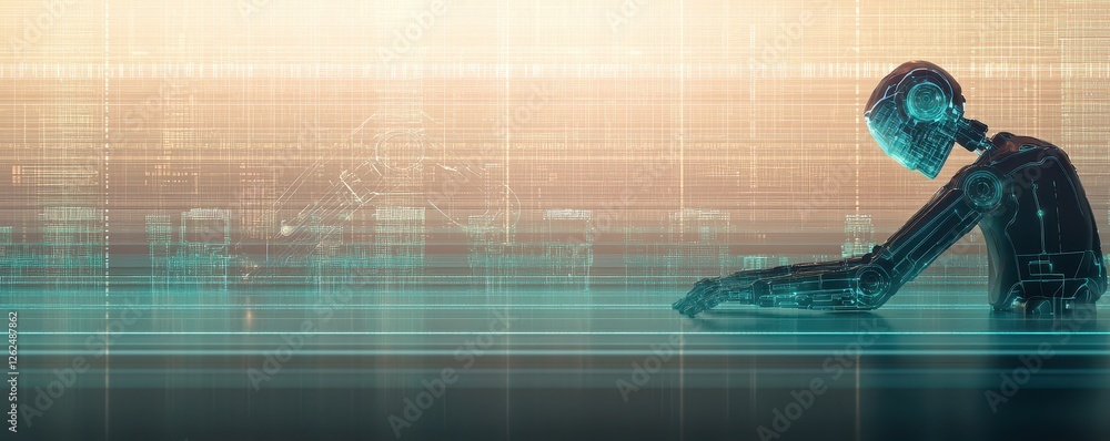 Poster futuristic robot contemplating with digital background