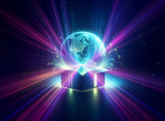Glowing sphere emerges from a dark box, radiating vibrant purple and blue light beams.  A futuristic and energetic concept.