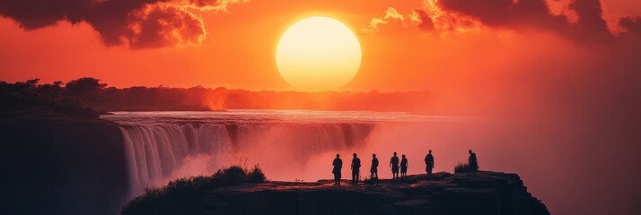 Victoria Falls Panoramic View at Sunset with Orange Sun and Tourists