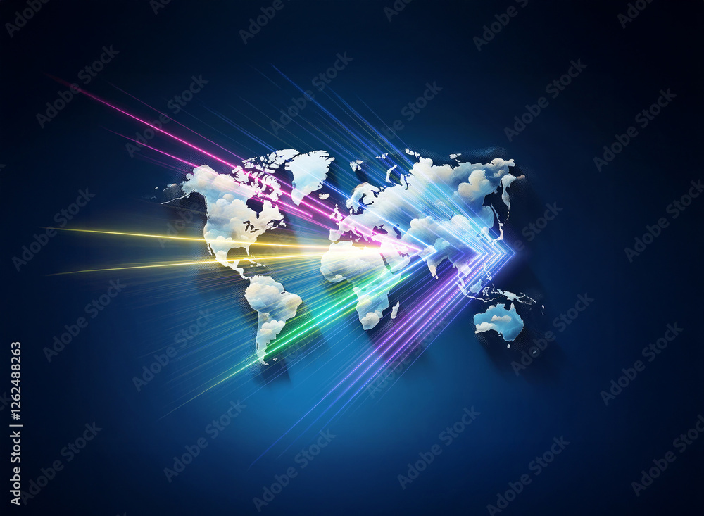 Poster abstract world map emitting bright light rays from continents on a dark blue gradient background. sy