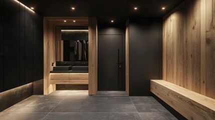 Modern interior design featuring wood stone and minimalist aesthetics
