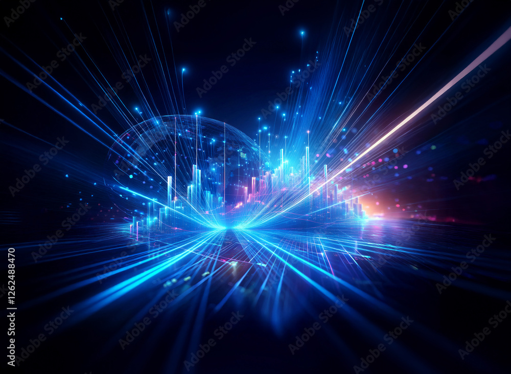 Poster abstract image of vibrant blue and purple lines emanating from a central point, creating a sense of 