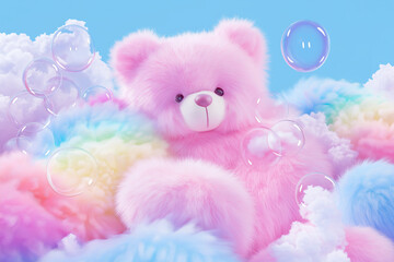 Fototapeta premium Modern teddy bear with rainbow-colored fur patches, blowing bubbles, detailed plush texture, whimsical pose, isolated on gradient sky blue background
