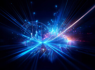 Obraz premium Abstract image of vibrant blue and purple lines emanating from a central point, creating a sense of speed, energy and futuristic digital technology.