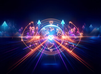 Obraz premium Futuristic digital globe with a central heart symbol, encircled by vibrant glowing lines and upward arrows in neon blue, orange, and purple hues, evoking technology and connection.