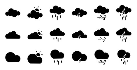 Set of black fill icon weather, sunny, cloudy, lightning, rain, wind, thunderstorms vector illustration.