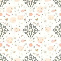 Fototapeta premium Cute Cats and Floral Pattern: Seamless pattern design featuring adorable cartoon cats, delicate flowers, and ornate damask elements in soft pastel colors. Perfect for textile, wallpaper.