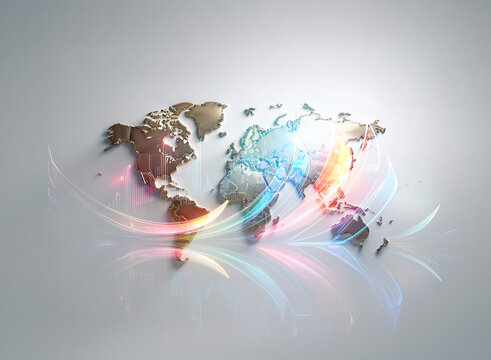 Abstract world map with glowing, colorful light trails emanating from it. Digital, modern style on a neutral gray backdrop.