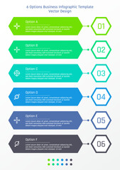 6 options business infographic template, theme of colorful long hexagon bar with hexagon shape at the right side
