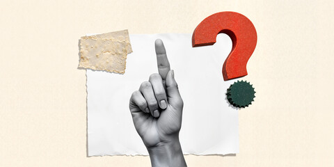 Abstract collage with hand, question mark, and paper tape for conceptual design