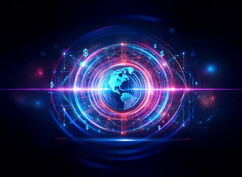 Vibrant globe at center with concentric rings and radiating lines creates an abstract digital network.  Futuristic technology concept of global connectivity with illuminated elements. - Powered by Adobe
