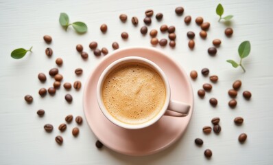 Coffee cup surrounded by coffee beans