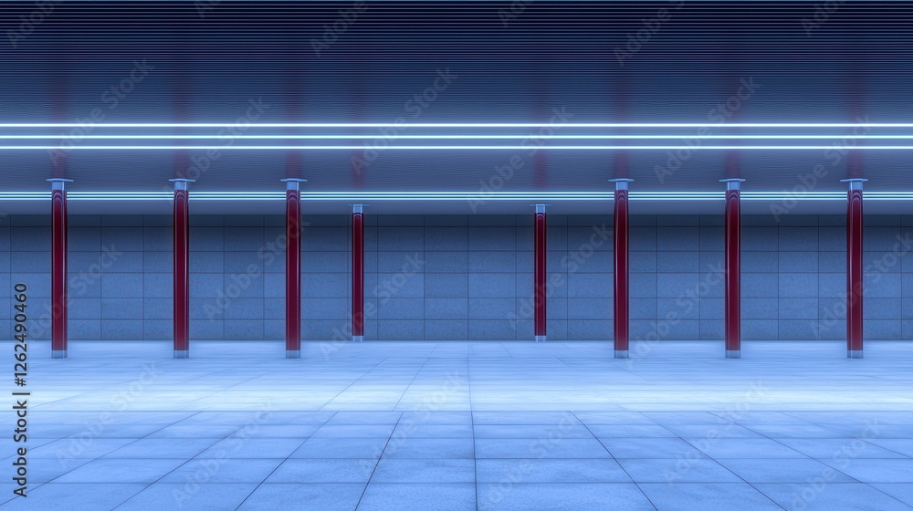 Poster futuristic empty indoor space with red columns