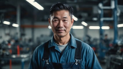 Obraz premium Confident middle-aged Latin male mechanic in clean red overalls stands in modern automotive workshop with slight smile amid organized tool racks.