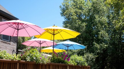 Colorful patio umbrellas, sunny backyard, summer