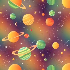 Naklejka premium Cosmic Dreamscape: A vibrant, whimsical illustration of planets and stars set against a swirling nebula background. Perfect for children's books, textiles, or space-themed designs. 