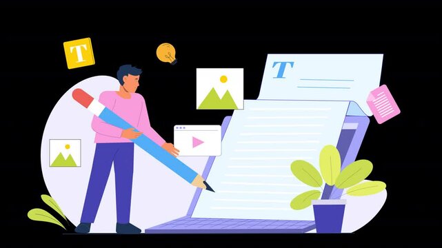 2D flat character animation showing the workflow of content writing, including research, writing drafts, and editing, with characters engaged in the creation of compelling articles or digital content.