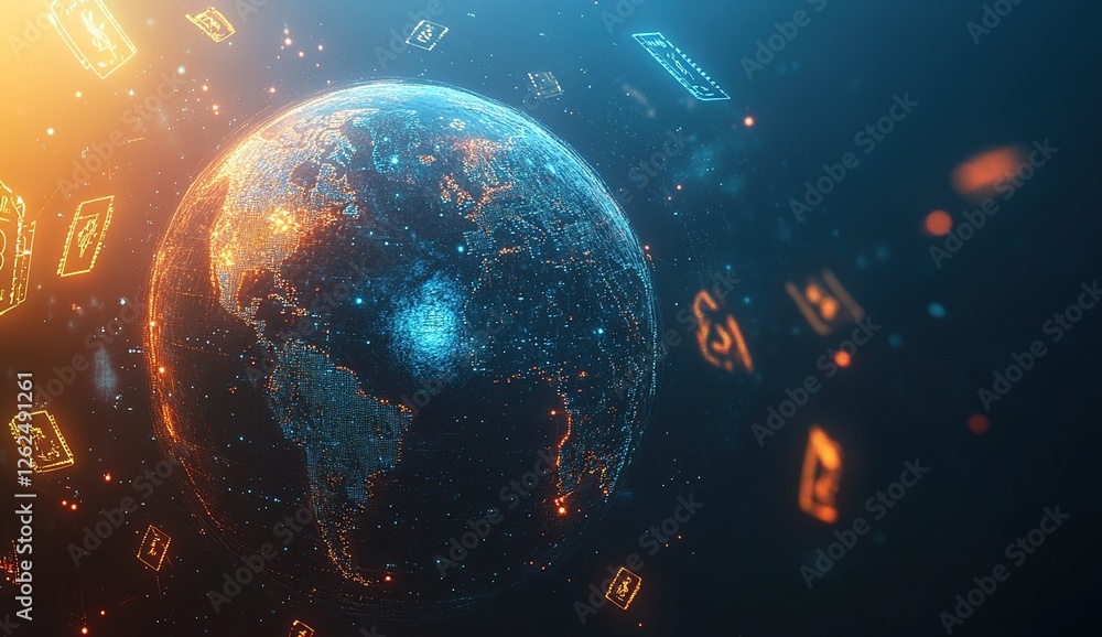 Poster global network: data streams visualized on a rotating earth, showing interconnected digital systems 