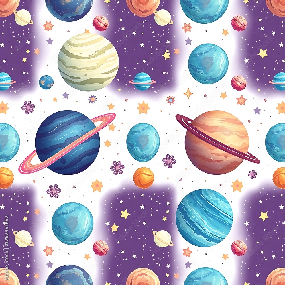 Poster cosmic whimsy seamless pattern: a playful and colorful seamless pattern featuring planets with rings