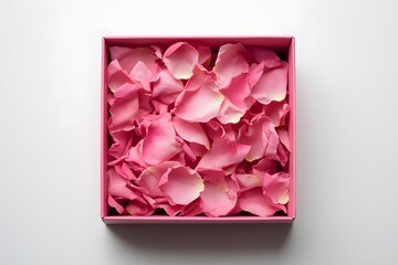 Pink rose petals in a box.